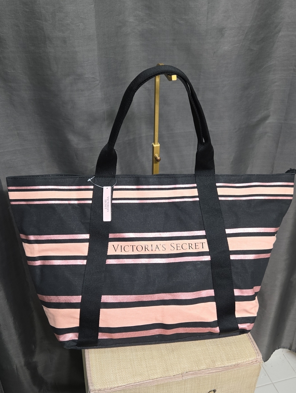 Victoria's Secret Black and Pink Stripe Canvas Tote